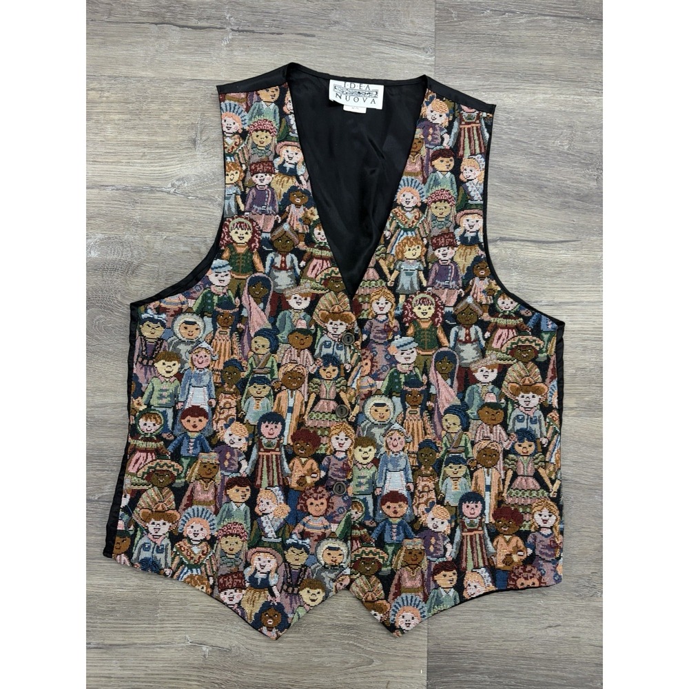 VTG Idea Nuova Tapestry Vest M/L Multicolor People Novelty Print USA Made